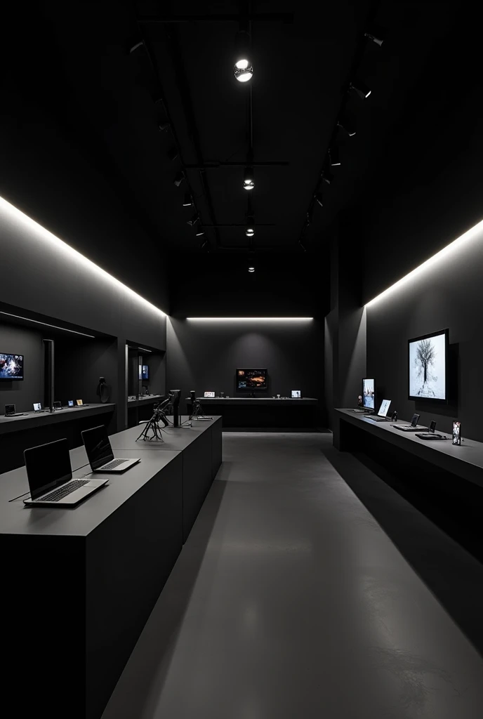 Modern electronics store with no people inside, black color