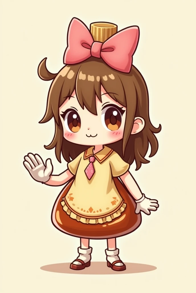a maple syrup bottle female character with a pink bow, big eyes, big eyelashes, arms with white gloves and legs with little shoes, 2D cartoon
