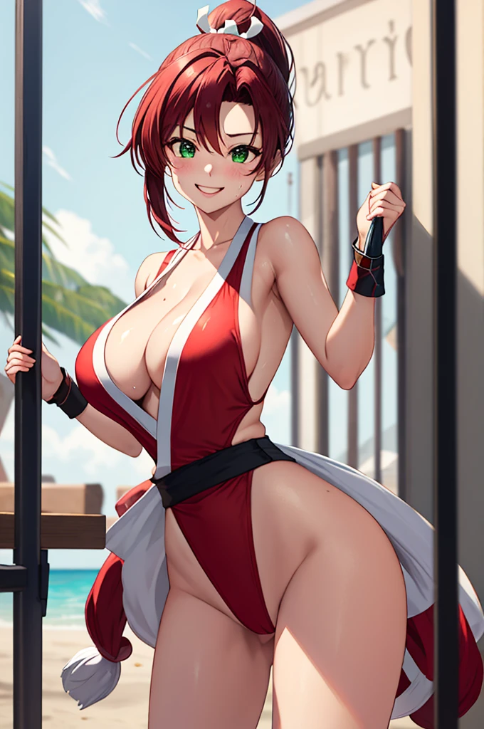 masterpiece, Highest quality, Beautiful art, High resolution, Well-formed hands, Body and fingers, 1 female, alone, Coin Press , Adult, grown, Cosplaying as Mai Shiranui , May_Shiranui_Cosplay, Adult, Big and round breasts, Cleavage, whole body , Hair Ribbon, Red Hair, Long Ponytail, Green Eyes, Gorgeous legs and, Thighs, sexy japanese clothes, hair ornaments , Sexy Legs , hips and Thighs, exercise, Warming up, Exercise, Sexy and seductive workout, Smiling happily and joyfully , Looking at the audience, Panty peeking, sweating , Shaking breasts, T-backT-back, Training Montage Session, Beach Environment
