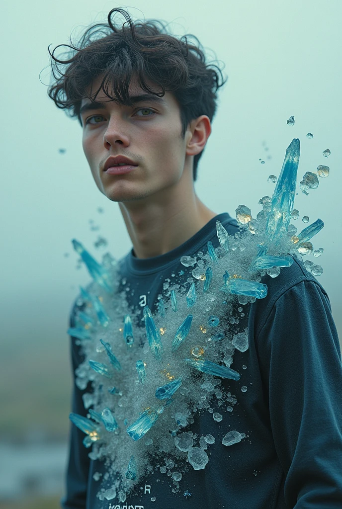 a young man with a crystallized plot around his shirt that says barium, atomic number 56 ,time 137,327 which is like barium in the periodic table of chemistry