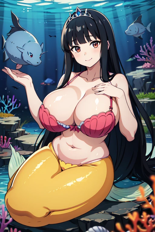 (8k, RAW photo, best quality, masterpiece:1.2),1girl,smile,((black hair, super long hair, shiny hair, blunt bangs, hime cut)), mermaid,(huge breasts:1.1), Showing her breasts, breasts out, ((Sea shell bra,))(wearing Pareo),Princess Tiara,Pearl decoration,jewel decorations,Undersea background,under the water, fish tail, Camel toe, breasts focus,