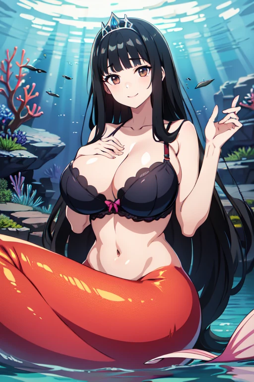 (8k, RAW photo, best quality, masterpiece:1.2),1girl,smile,((black hair, super long hair, shiny hair, blunt bangs, hime cut)), mermaid,(huge breasts:1.1), Showing her breasts, breasts out, ((Sea shell bra,))(wearing Pareo),Princess Tiara,Pearl decoration,jewel decorations,Undersea background,under the water, fish tail, Camel toe, breasts focus,