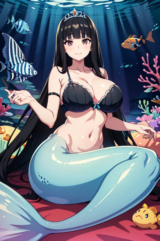 (8k, RAW photo, best quality, masterpiece:1.2),1girl,smile,((black hair, super long hair, shiny hair, blunt bangs, hime cut)), mermaid,(huge breasts:1.1), Showing her breasts, breasts out, ((Sea shell bra,))(wearing Pareo),Princess Tiara,Pearl decoration,jewel decorations,Undersea background,under the water, fish tail, Camel toe, breasts focus,