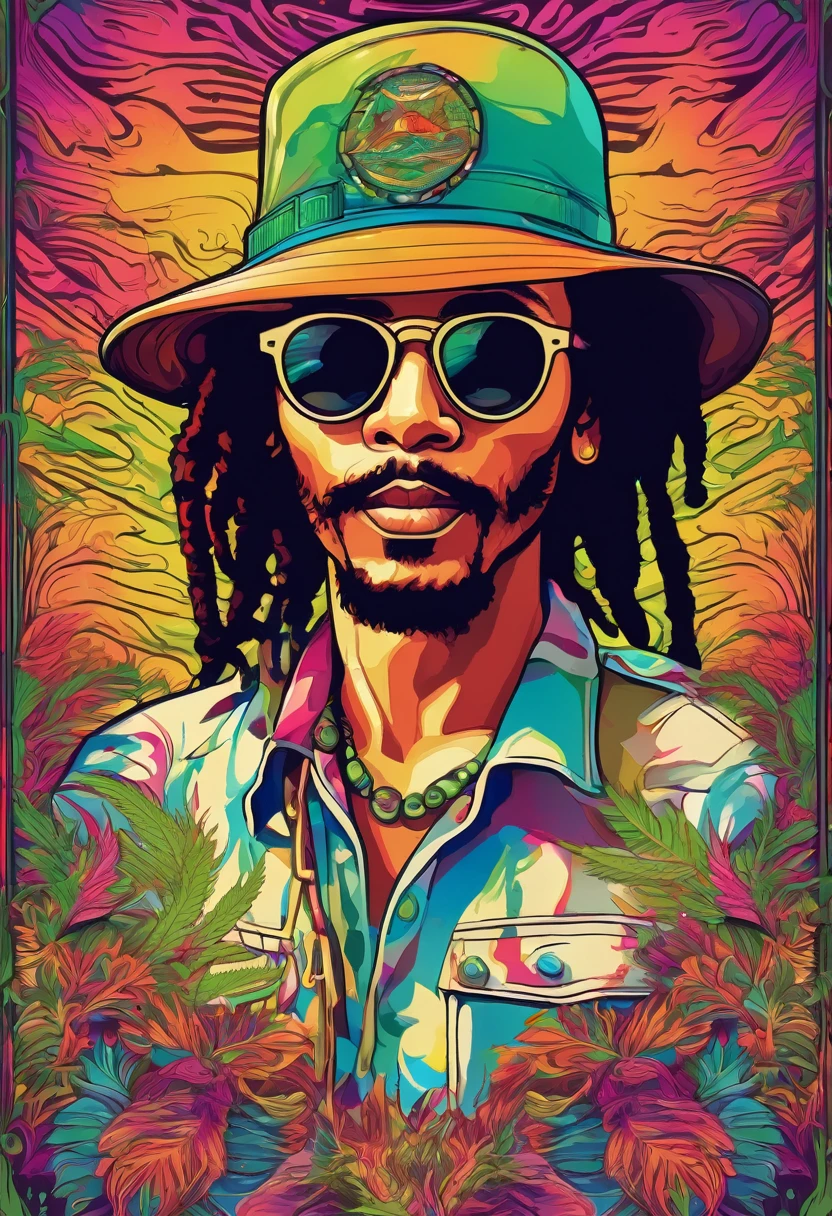 A scout wearing a hemp hat and glasses, Marijuana delivery in Patong Beach Phuket. There is a sign saying Patong Beach, Marijuana illustration, Bob Marley Art Style, Hemp-Style, 420 Artworks, retro psychedelic illustrations, Suck hip-hop style, psychedelic artwork, Illustration style numbers, Reggae art, Very high quality artwork, Stunning art style, Adobe Illustrator Art, Visionary Art Style, psychedelic acid trip, Vector art style, Terence McKenna