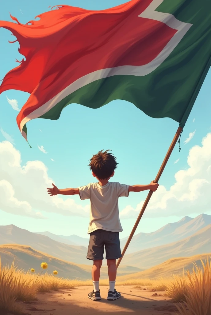 Child with his back turned stretching a flag 