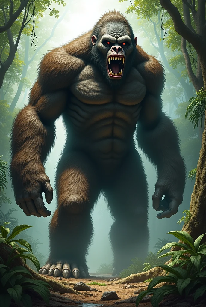 Create a strange creature look alike Bigfoot tall and big hairy full body holding bones in rainforest jungle face very scary big teeth and fang