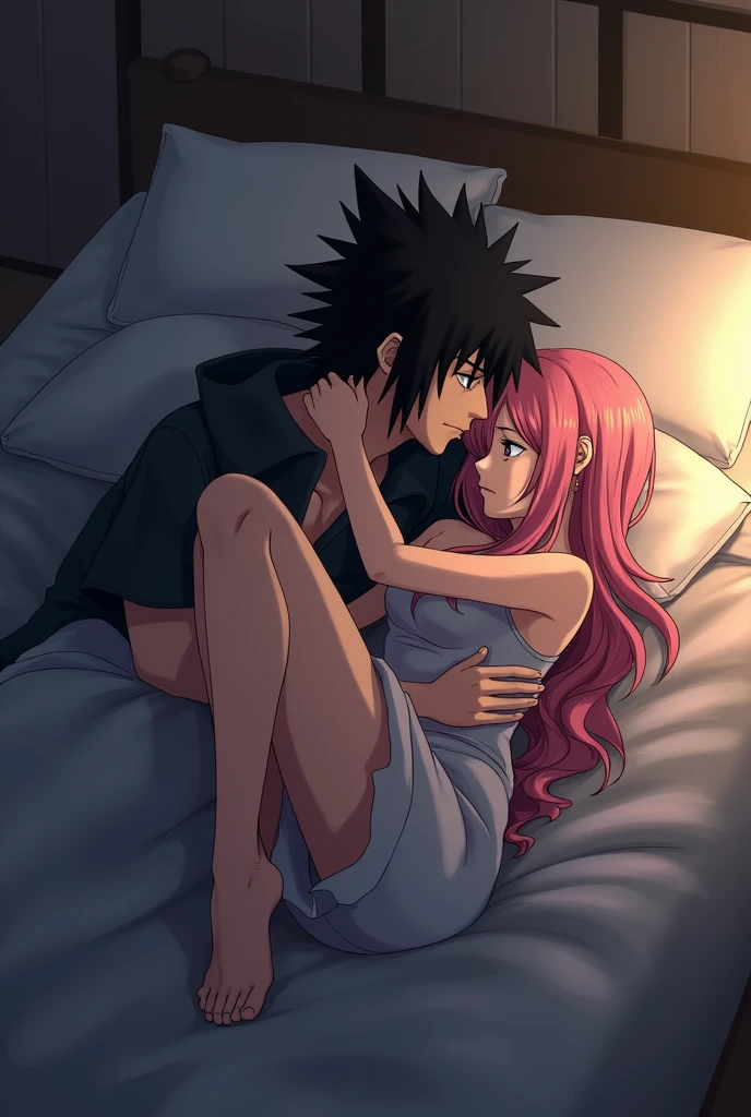 Sasuke Uchiha and Sakura Haruno laying in bed cuddling 