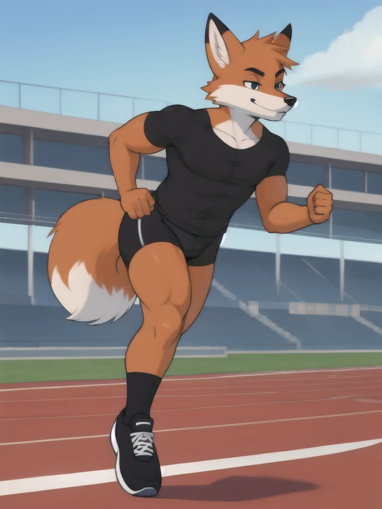 Furry, fox, male, black shirt, black spandex bike shorts, shoes, running track, solo, full body