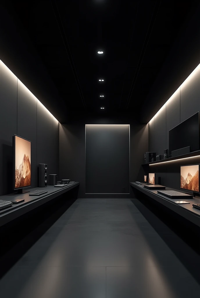 Modern electronics store with no people inside, black color