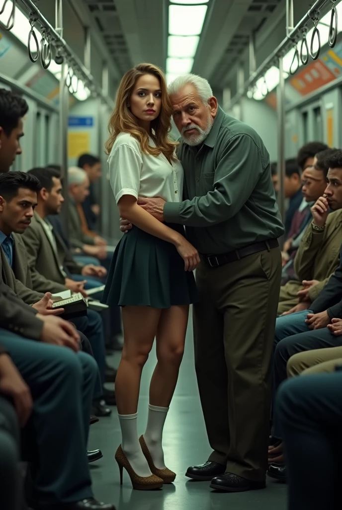 (((8k, RAW photo, highly sensitive, best quality, extremely detailed hair, masterpiece, ultra high res, photorealistic:1.25))), SFW, ((realistic, masterpiece)), (VERY crowded subway train interior detailed scenario), (VERY crowded subway train interior detailed background), standing insanely hot (jennifer lopez) using sexy ((school uniform)), (((lifted skirt))), ((big ass)), ((thick thigths)), ((cum between her legs)), ((3/4 white stockings)), ((fear expression)), (blushed face), old skinny elder ass groping woman 1 from behind,(((very old peruvian man ((ugly) skinny) (elderly man), ((fear expression)), (poorly dressed) pressing his chest on woman 1 back))) and (((holding her waist behind her))), ((cum stain on man pants))