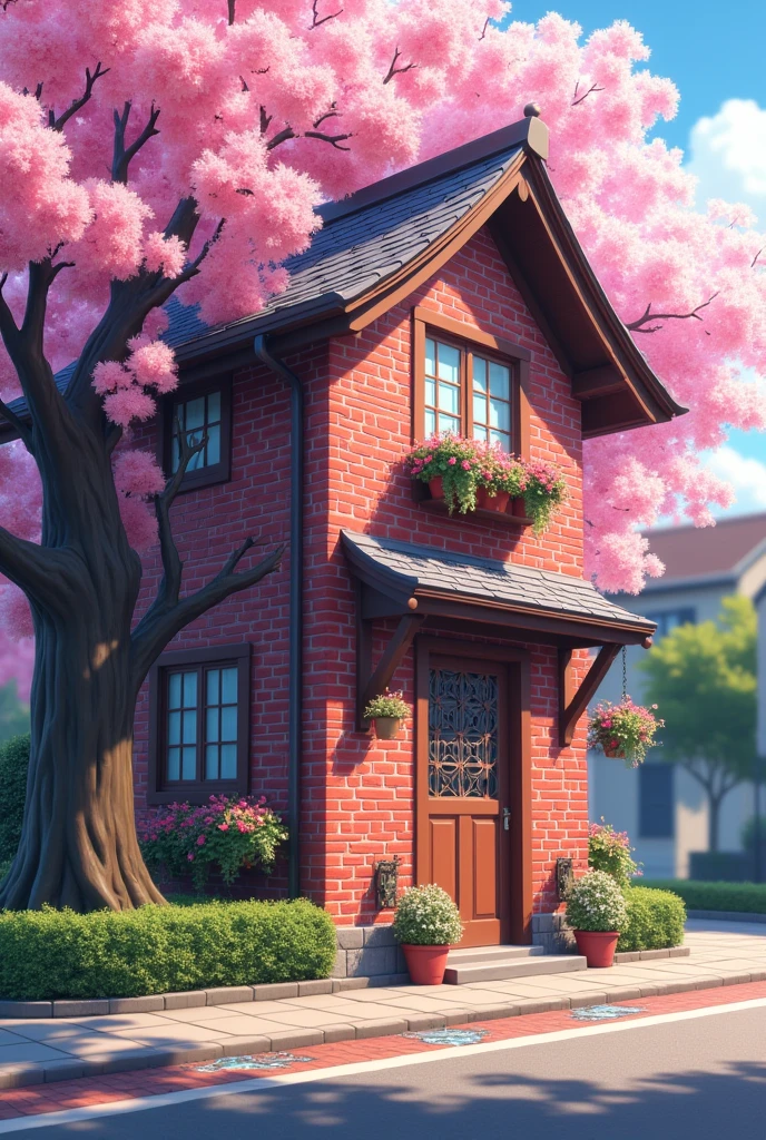 (photorealism:1.2) Imagine a beautiful house In the street With The bails on the house and house have red colour and 2 windows up With Beautiful grill Infornt of the windows . Infront of house A cherry tree is placed and The Cherry blossom was blowing . Some flower pots are hanging On the side of the windows and some Flower pots are placed at the bottom with the house . Water was also Placed on the floor in the Short areas and Giving a reflection of surroundings. The whole Theme is Covered with The Vibrant Colour , Anime Themed Colours Are used .