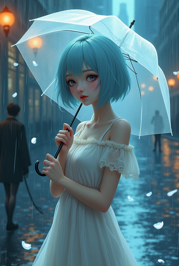 NUDE:1.2,Traction collar:1.3,Leash:1.3,protrait photo,Full body image,For the audience,Shred clothes,Fragments of clothing,cpainting,psychedelic,Dreamlike,atmospheric artwork depicting a rainy street scene at night. soft,pastel color palette dominated by blues and eerie oranges. A girl with short,light blue hair,dressed in a white dress,holds a translucent umbrella,offering an ethereal,almost ghostly presence. The background showcases blurred city lights,rain reflections,and falling petals,creating a sense of melancholy and romanticism. Dynamic composition with a mix of sharp and softened details,emphasizing the dreamy,impressionistic style. Another figure,possibly a young man,stands in the blurred rain-soaked background,contributing to the sense of solitude and introspection.,,Devil figure,slim,Front convex and back curved,Perfect body,的Very detailed details of the face,Clear facial features,Fair and delicate skin,long legs,Avoid changing the facial features of the reference image,Perfect facial features,Very detailed details of the face,Glowing eyes,Mid-chest,Cleavage,clavicle,Light arm,Bare legs,Black over the knee,Perfect body比例,Long legs,Devil figure,Real skin texture,Glowing translucent skin,Real skin pores,Perfect hands,Perfect hands臂,Perfect hands指,Perfect legs,Perfect feet,Perfect feet趾,Covered in sweat,Devil figure,slim,Front convex and back curved,Perfect body,的Very detailed details of the face,Clear facial features,Fair and delicate skin,long legs,Avoid changing the facial features of the reference image,Perfect facial features,Very detailed details of the face,Glowing eyes,Big breasts,Cleavage,clavicle,Light arm,Bare legs,Black over the knee,Perfect body比例,Long legs,Devil figure,Real skin texture,Glowing translucent skin,Real skin pores,Perfect hands,Perfect hands臂,Perfect hands指,Perfect legs,Perfect feet,Perfect feet趾,