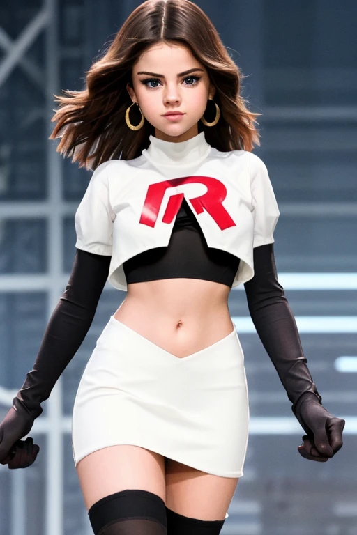 The face of Selena gomez, 1girl, solo, team rocket,team rocket uniform,white skirt,red letter R,crop top,black thigh-highs,black elbow gloves, earrings, large breasts, 