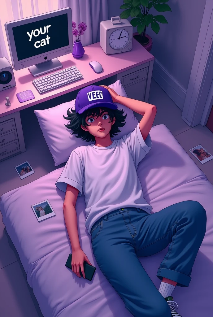cover for song in purple scale , that has a boy with wavy black hair, You can't see his face because it's covered by a purple cap that says veec lying on a bed with one leg tucked up and one hand on his head, with a white t-shirt and wide jeans.In his right hand the boy holds a mobile phone . On the ground there are some polaroid photos, Next to the boy there is a table that has a computer that on its screen says your cat and next to the computer a modern clock . The whole image looks like it was a photo taken from the ceiling of a very large room and the image is animated but with urban designs