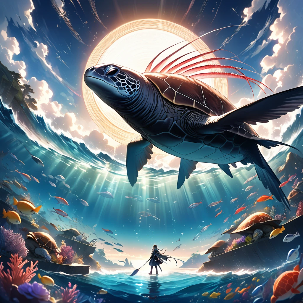 Dazzling Light、lame、A big shining sun、Beautiful and wide sea、One large oarfish、A turtle floating in the sea、A crow、Transparent and beautiful lighting, Artistic design、Pop Fantasy, Vast views、Detailed depiction、Sparkle Effect, Soft Light, Iridescent Oarfish、Bright light、A crow、Fantasy、A Kind World、Lassen、