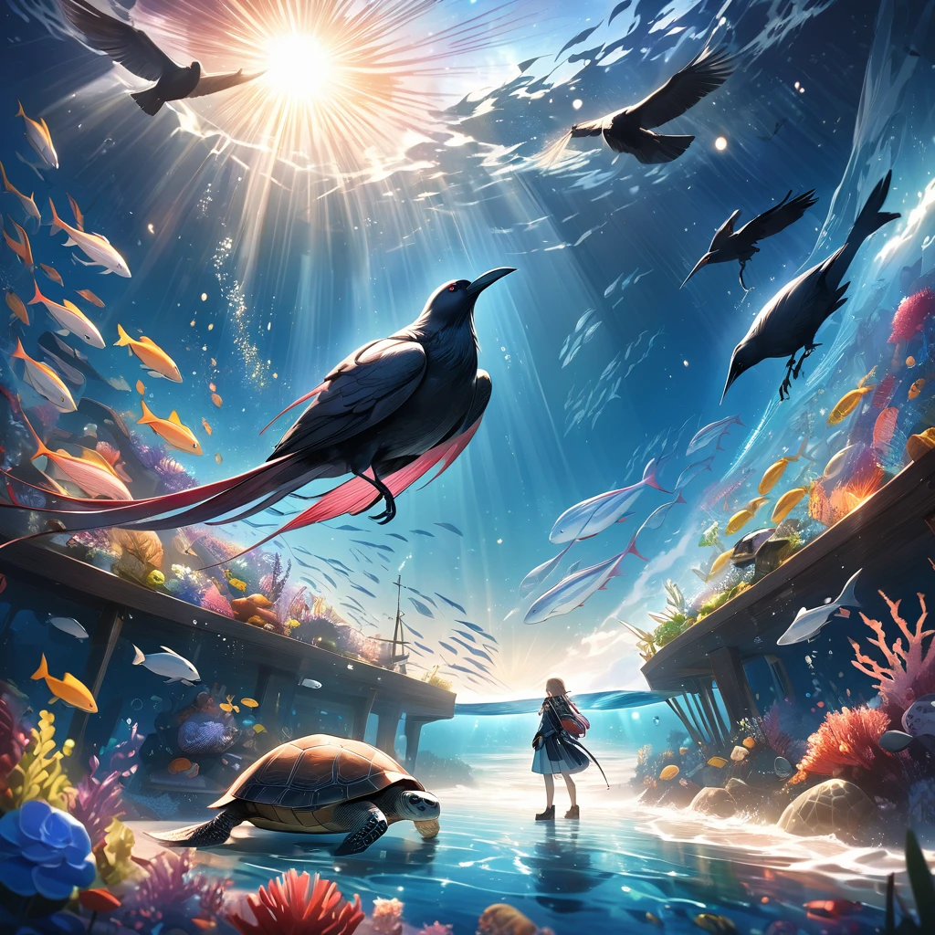 Dazzling Light、lame、A big shining sun、Beautiful and wide sea、One large oarfish、A turtle floating in the sea、A crow、Transparent and beautiful lighting, Artistic design、Pop Fantasy, Vast views、Detailed depiction、Sparkle Effect, Soft Light, Iridescent Oarfish、Bright light、A crow、Fantasy、A Kind World、Lassen、
