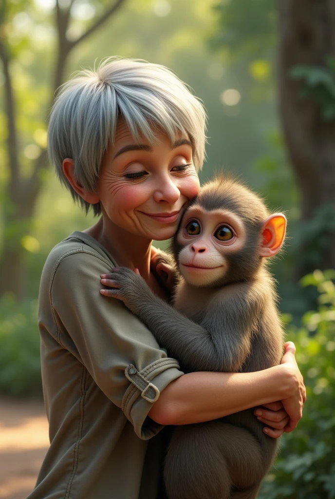 A 50-year-old lesbian woman and a monkey hugging