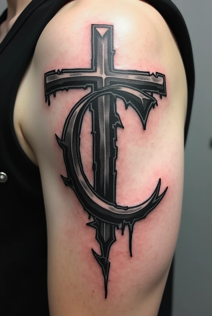 Create a tattoo combining the letters T and C with a torn cross