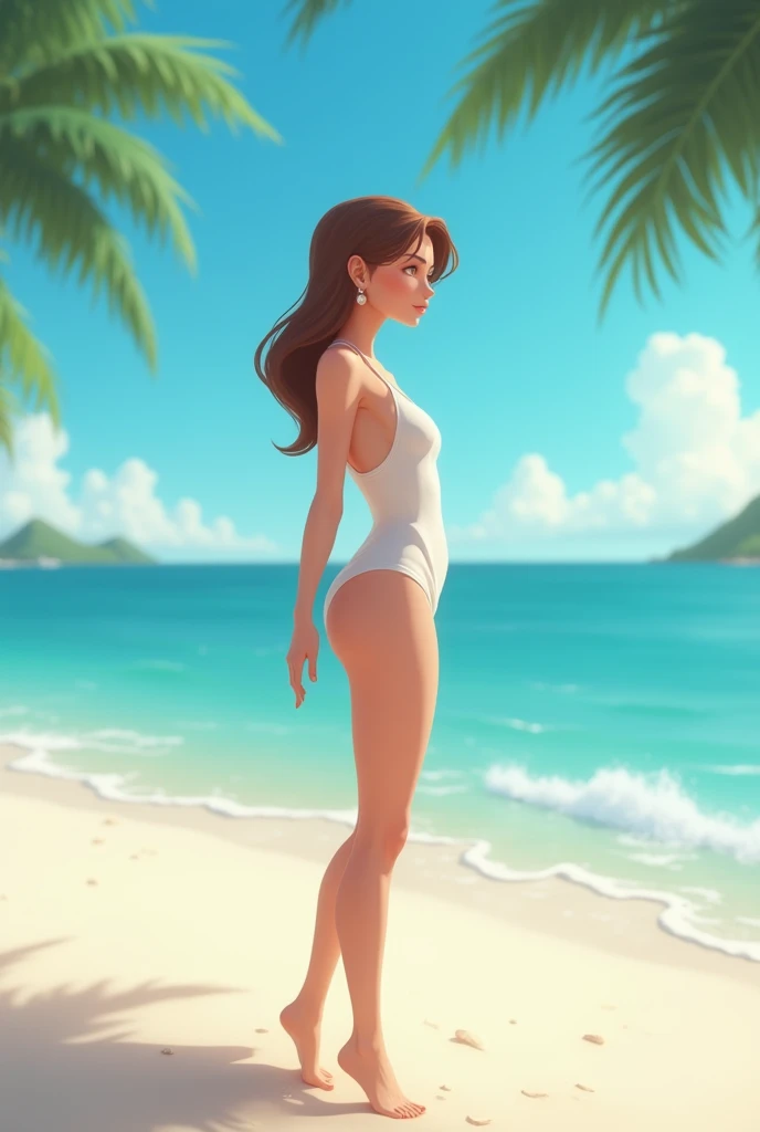 Create an animation of a woman with a small waist on a beach