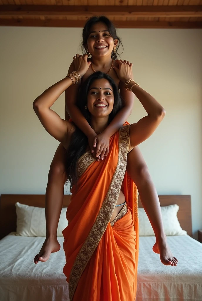 Beautiful and Slim Indian woman in rajasthani ghoonghat saree lifting a large chubby fat man above her shoulders, man is sitting on woman's shoulders, in a bedroom with high ceiling, natural smile, woman is looking into the camera , she is holding his hands, full body image