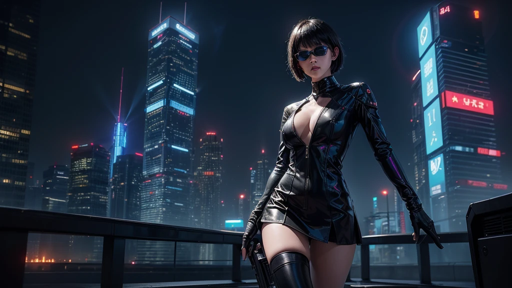 (Wide angle view). "ghost in the shell" film inspired futuristic Tokyo city, simple outlined neon tall buildings, (OLED holographic portrait on buildings), glowing giant clock tower, 1drone, lightning, 3D rendering Beeple. At night, (1girl, solo, alone), photorealistic, medium-breast slim:0.6 body, oval:0.5 face, cleavage:1.1, sexy costume with deep-v, low view pleated miniskirt, glove, (Matrix style black micro sunglasses), ((aiming viewer with a short gun)), (running pose), (half-body thigh level close-up shot), cinematic lighting, ray tracing.