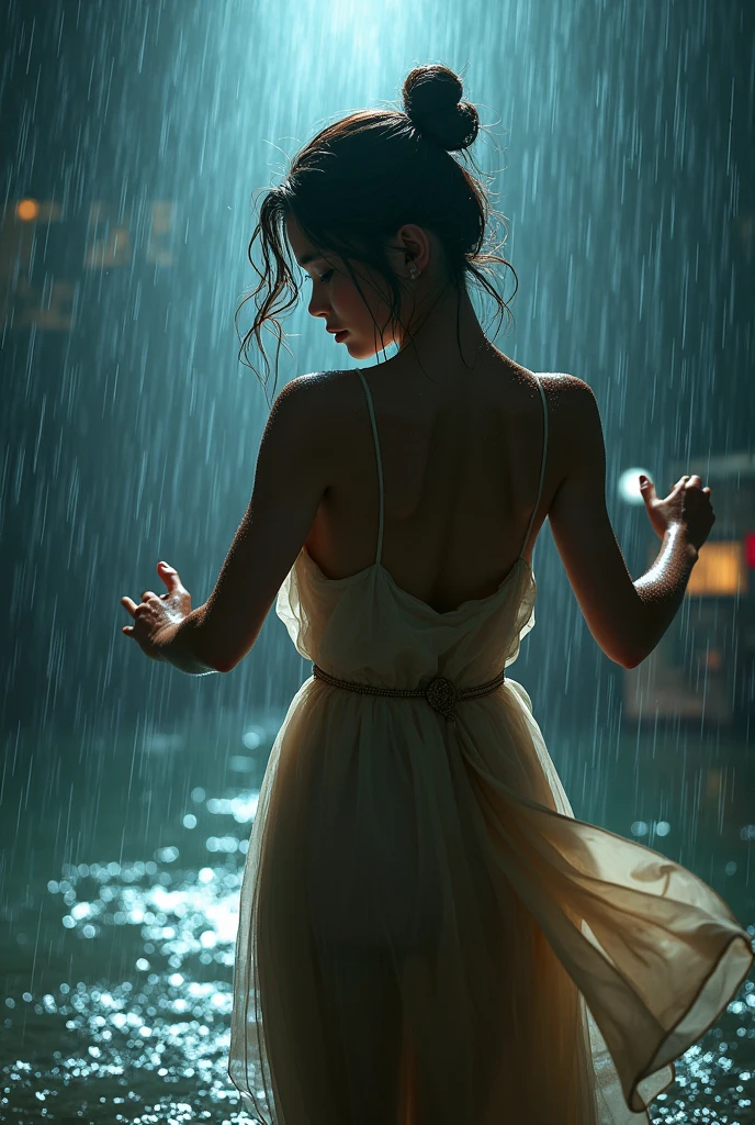 A beautiful lady dancing in heavy rain, face and body are wet, messy bun wet hair 32k UHD, highly details