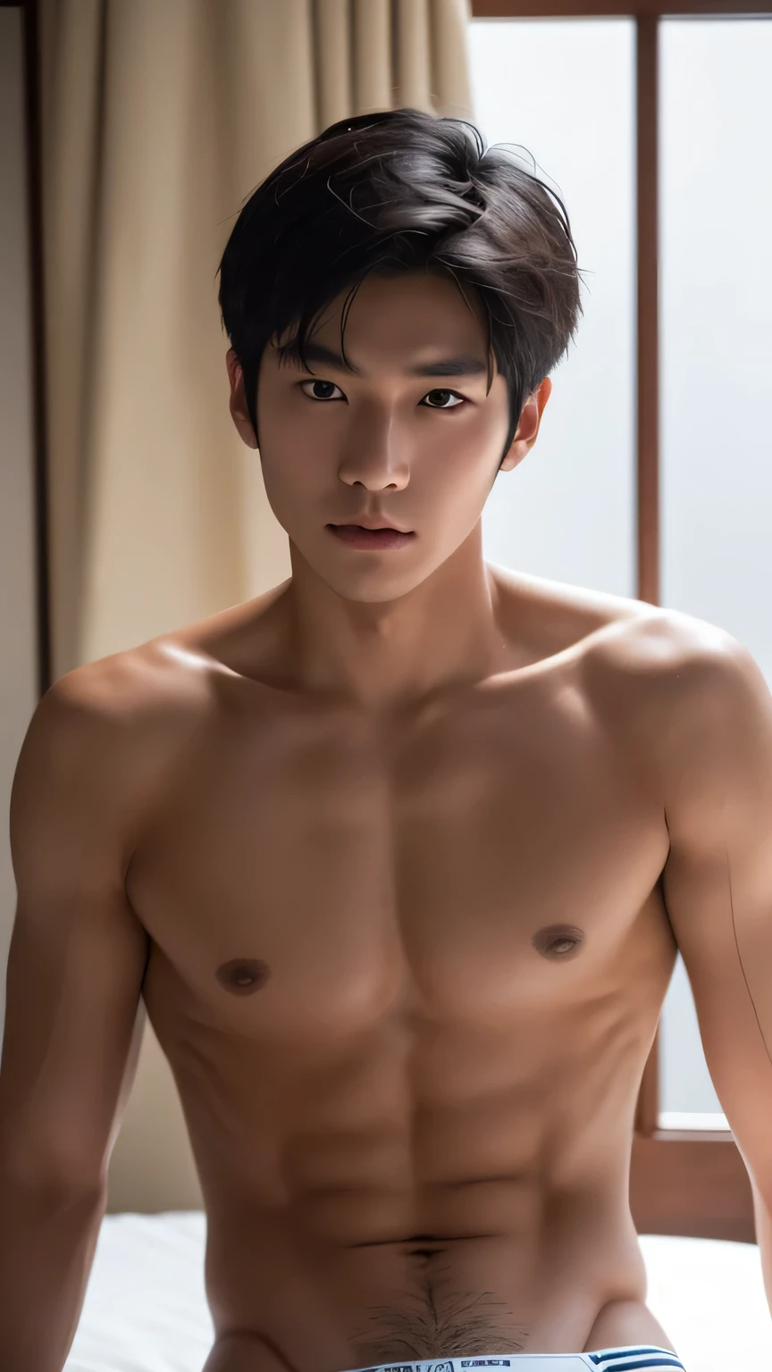 High resolution, A handsome young Japanese man with a good physique, Looks like Takashi Sorimachi,Sunburned skin,Luxury hotel bed,Dark skin,Sunburn,Wearing thin bikini underwear, Look forward, Looking into the camera.