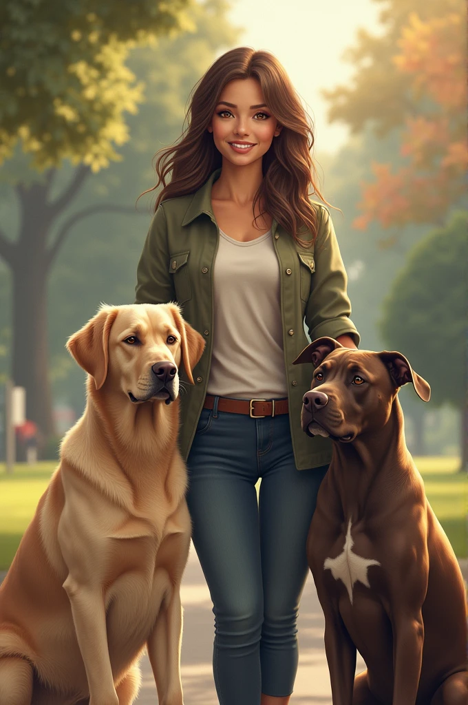 Woman with 2 dogs, labrador and pitbull
