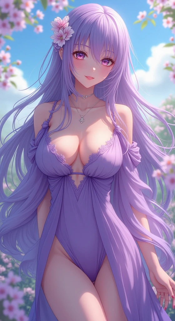 (((nipple))), (cosmetic),(((Consistent with human anatomy))), (: Moderate, Charming and beautiful goddess, solitary, (Areola protrudes through clothing: 1.5), Delicate sexy(clavicle:1.3), Smooth skin, Good move, Good legs, nature(Large Breasts: 2.0), Anime girl with long purple hair and purple dress,There are flowers in his hair, Beautiful anime girl, Beautiful anime portrait, Anime style 4k, anime art wallpaper 8 k, Anime Art Wallpaper 4K, Anime Art Wallpaper 4K, Beautiful anime woman, Smooth anime CG art, Stunning anime face portraits, Anime Wallpaper 4K, Anime Wallpaper 4K, Detailed digital anime art