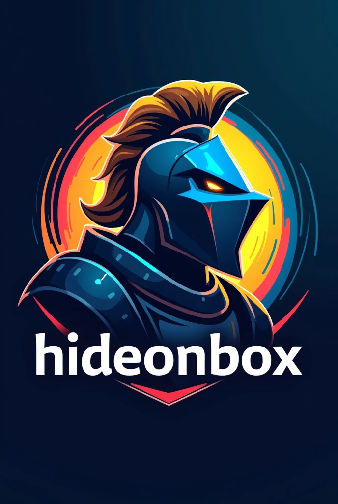 Give KL front make to head knight for logo in profile steamer about gamers, back-blue-yellow-red is background, LK front creat is head knight, text “HIDEONBOX” is name, 