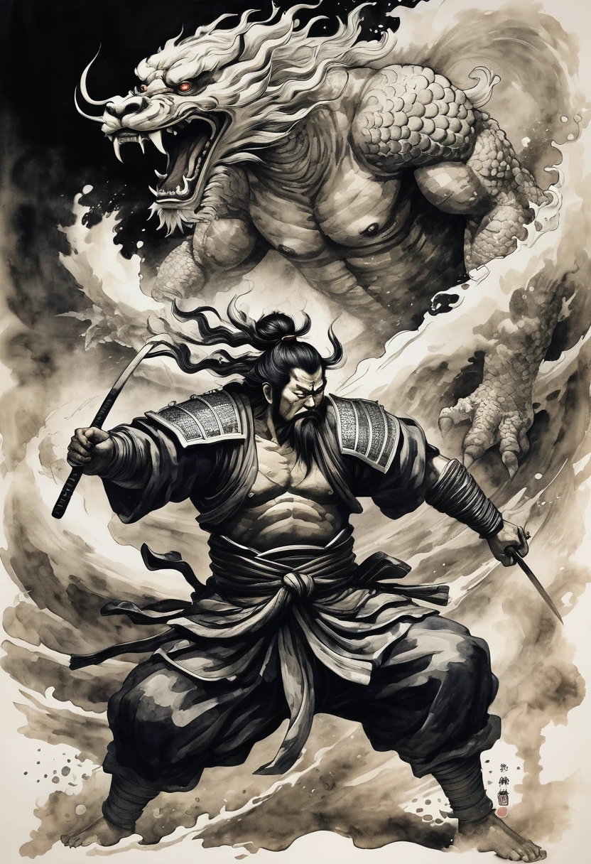 a fierce battle between the japanese god bishamonten, dramatic ink wash painting in the style of hokusai, intense shadows, powerful and dynamic composition, 1 figure, dynamic pose, muscular build, detailed armor, epic scale, cinematic lighting, deep contrast, moody atmosphere, traditional japanese art, dramatic focal point, harmonious color palette, dramatic chiaroscuro, masterful brushwork, flowing cloth, 8k, ultra-realistic, hyperdetailed, photorealistic