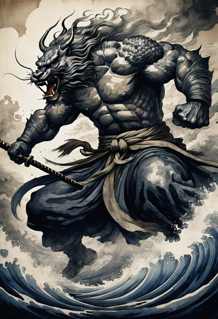 a fierce battle between the japanese god bishamonten, dramatic ink wash painting in the style of hokusai, intense shadows, powerful and dynamic composition, 1 figure, dynamic pose, muscular build, detailed armor, epic scale, cinematic lighting, deep contrast, moody atmosphere, traditional japanese art, dramatic focal point, harmonious color palette, dramatic chiaroscuro, masterful brushwork, flowing cloth, 8k, ultra-realistic, hyperdetailed, photorealistic