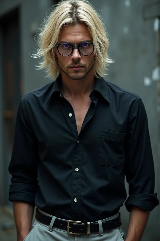 a guy, grown-up, cos estético, messy blonde hair, purples eyes, light gray pants, round glasses, vicious, Black shirt with buttons, cos, Cao Cao, best qualityer, ghost hunter