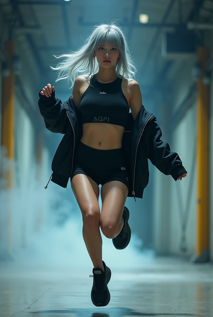 best quality, sports fashion portrait, beautiful Japanese cute girl,, beautiful fashion model, Realistic, 20-years-old, gray hair, , (( jumping wide angle)), all body shot, looking other, forcus high cut black sneakers, A sporty and modern outfit featuring a cropped top with a subtle black logo "AGPI", , designed to accentuate the body’s contours. The top is paired with a breathable mesh overlay that adds a stylish, athletic vibe. The cropped length of both tops creates a layered look. Completing the outfit is an oversized jacket that provides a cool and voluminous contrast, balancing the overall appearance and enhancing the active, abs, urban aesthetic. She is situated within the interior of a futuristic colony, in the deep night, with mist drifting and steam rising from concrete