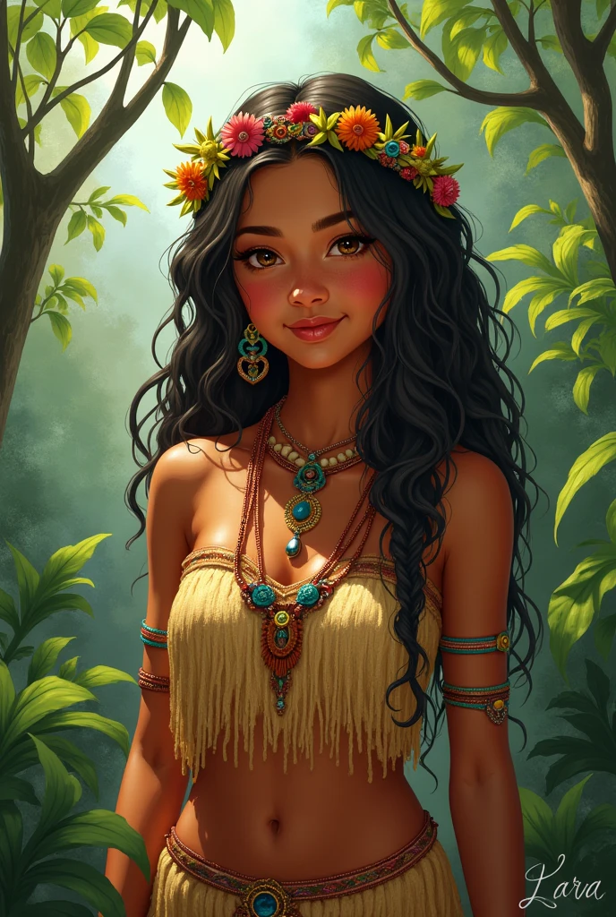 .lara, the Kind Young Woman Illustration A young Brazilian indigenous woman with a kind smile, wearing traditional Amazonian clothing. She may be interacting with animals, showing your love for nature.