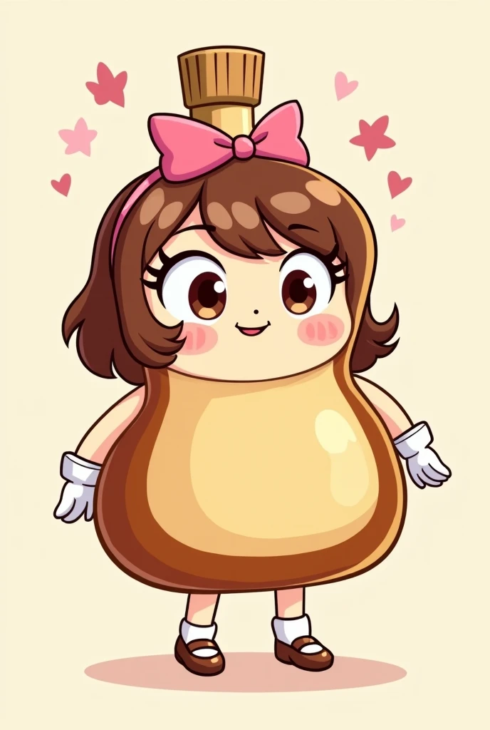 a maple syrup bottle female with a pink bow, big eyes, big eyelashes, arms with white gloves and legs with little shoes, 2D cartoon