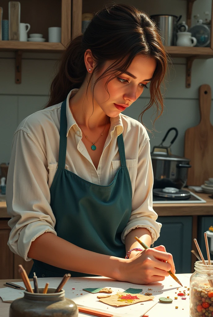 A woman creating a work of art in the kitchen