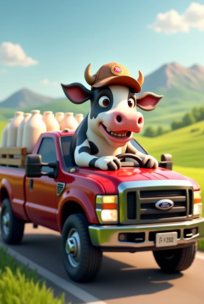 Happy cow driving a Ford 350 truck carrying milk in jugs