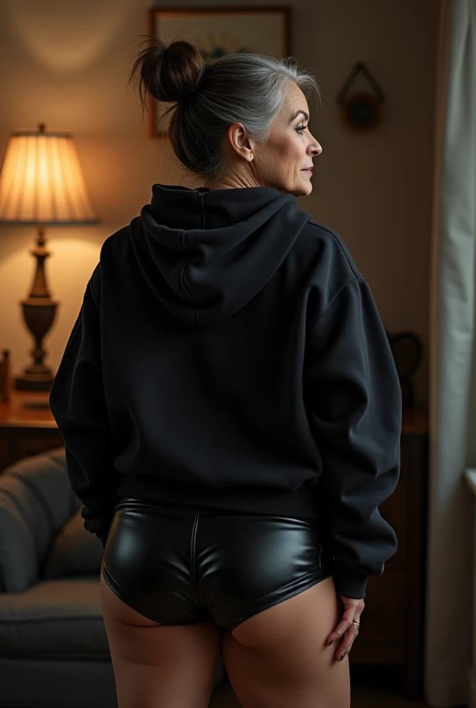 black woman hair in a bun black hoodie black leather short shorts being fucked in the ass by a old grandma in a dress