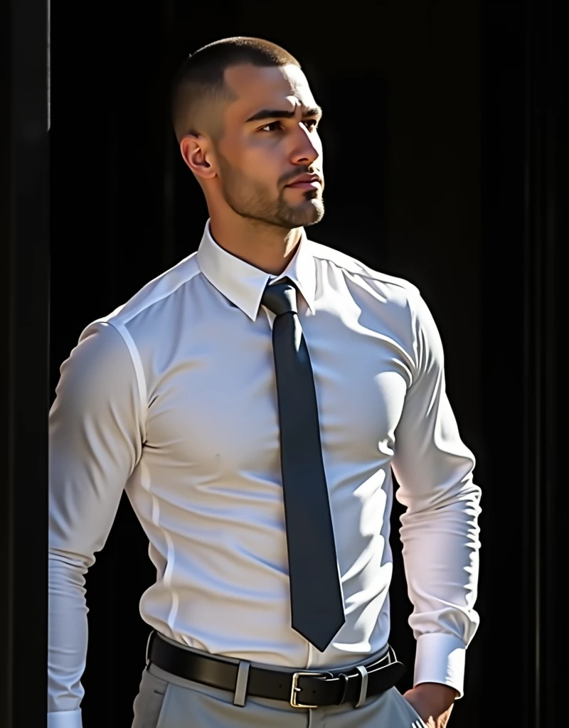"A candid, highly realistic image of a 3 light-skinned Brazilian man with closely cropped short brown hair and brown eyes. He is dressed in a light gray uniform, consisting of fitted dress pants, that accentuate his bulge and figure and black socks, black dress shoes, and a white short-sleeved button-down shirt tucked into his pants. The man has a clean-shaven face, no mustache or beard, and displays firm arms. He stands at the entrance of a condominium with a serious expression and a hint of sensuality in his gaze. The scene captures him in a full-body shot with natural textures and realistic lighting. The image is editorial in style."