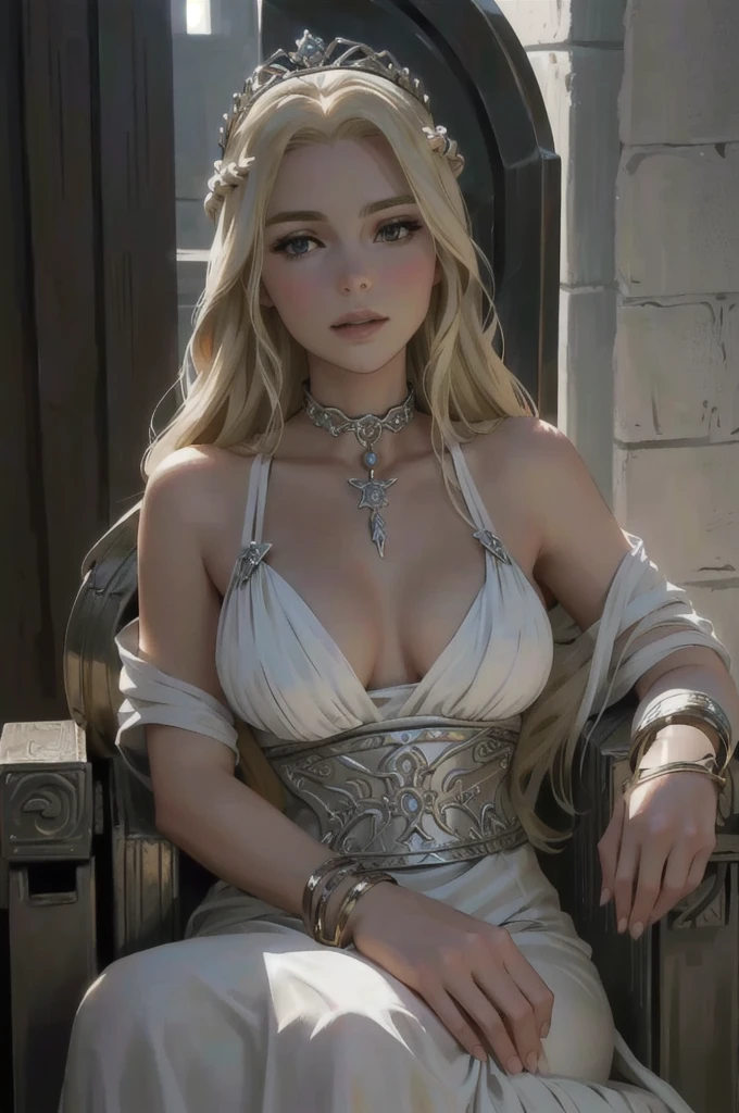 woman in a white dress sitting on a couch, blonde woman, tones, fit, sitting ona couch, black iron bangle, crown, greek goddess, style of game of thrones, shot from game of thrones, from of thrones, beautiful blonde woman in a white dress, iron, iron bangle, silky dress, manacles, (black iron collar), [[busty]], [[Kate Beckinsale]]
