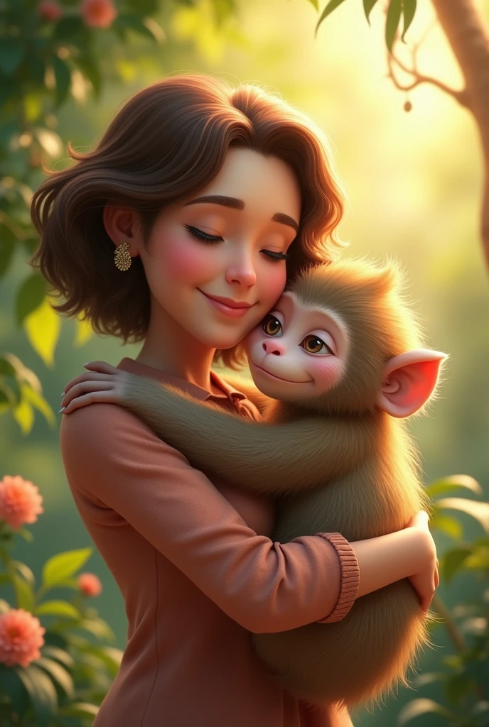 A 40-year-old woman with short, wavy hair and a monkey hugging each other