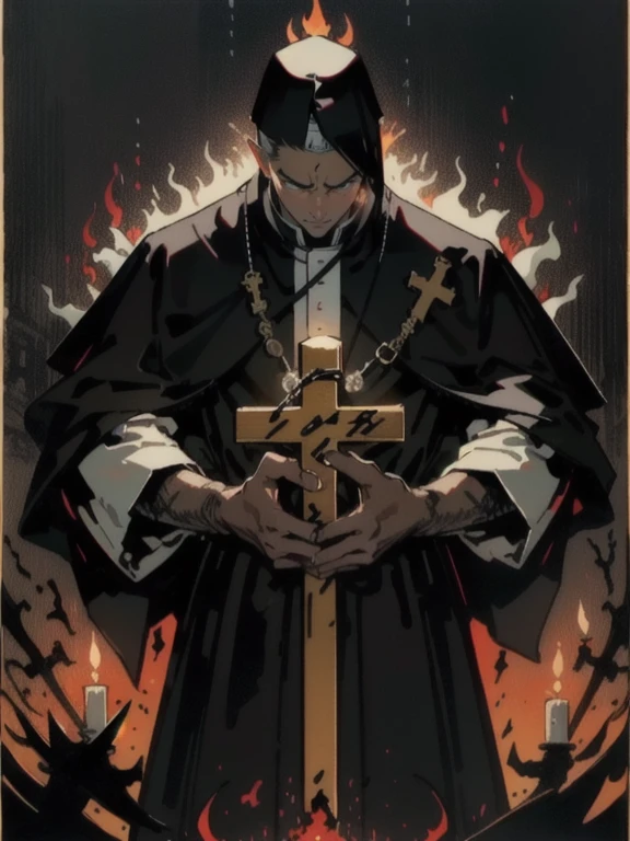 (masterpiece, Highest quality;1.3),(Movie Posters:1.2), 1 person, male_concentrated, Priest,, Grim expression、He is holding a cross in his right hand and facing the devil.,  Candlelight, View your viewers, Calligraphy characters, Long Shadow, Dark Room,Symmetrical Configuration, Super detailed