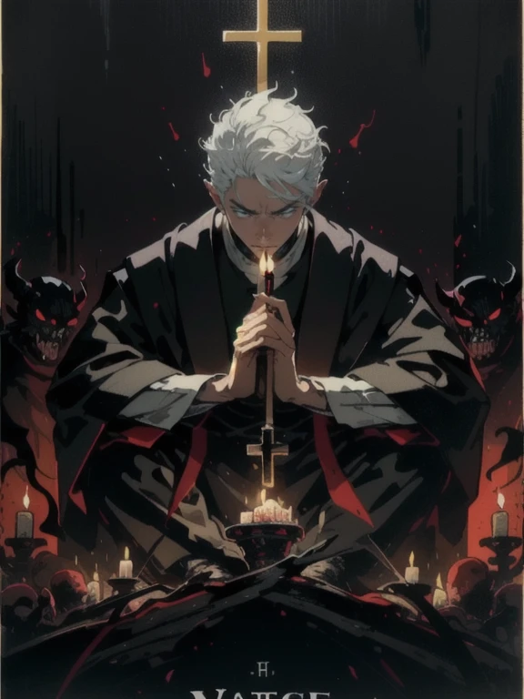 (masterpiece, Highest quality;1.3),(Movie Posters:1.2), 1 person, male_concentrated, Priest,, Grim expression、He is holding a cross in his right hand and facing the devil., Candlelight, View your viewers, Calligraphy characters, Long Shadow, Dark Room,Symmetrical Configuration, Super detailed