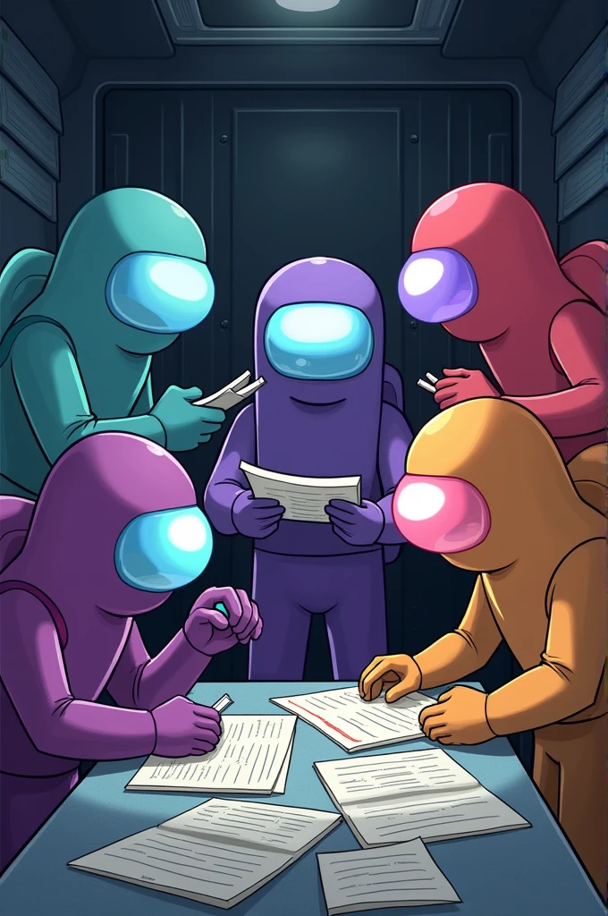 Among us ciano, purple, khaki, pink and coral working with papers 