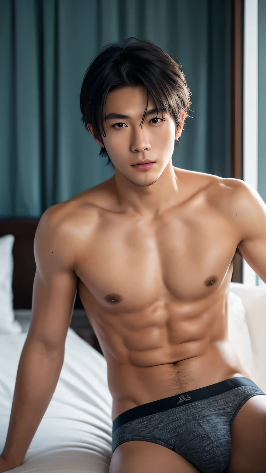 High resolution, A handsome young Japanese man with a good physique, Looks like Takashi Sorimachi,Sunburned skin,Luxury hotel bed,Dark skin,Sunburn,Wear thin underwear, Look forward, Looking into the camera.