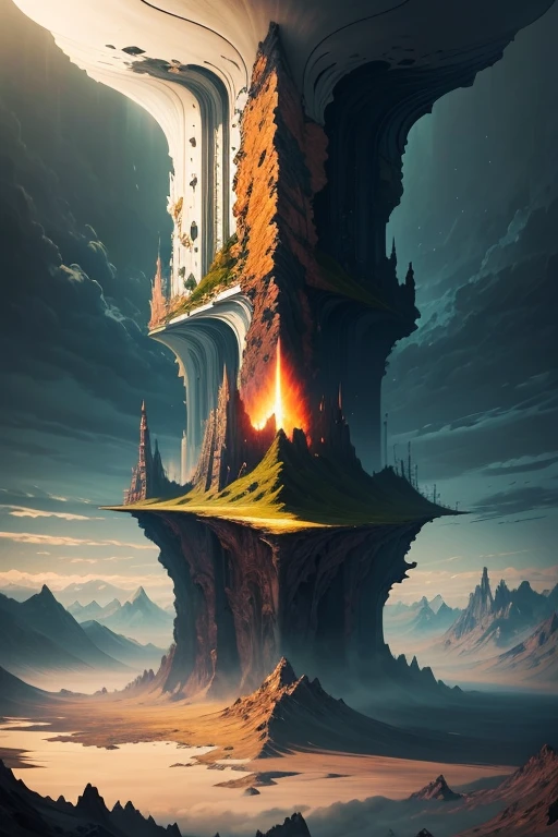(incredible:0.0) A surreal landscape that features otherworldly elements., Fantastic elements that defy the laws of physics or reality., creating a sense of wonder and disbelief, Combination of artistic styles
