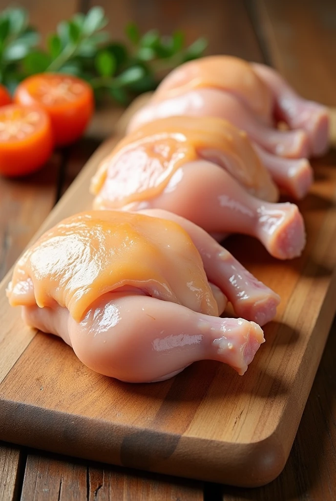 a clean and beautiful wooden board, with chicken thighs with skin and raw on it with attractive color and freshness