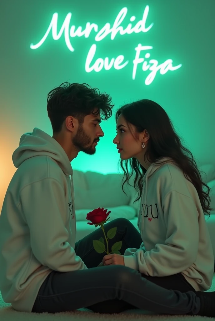 Realistic  2 cute Handsome 28 year guy  White Hoodie with 30 year beautiful women in a White Hoodie, the girl has a red rose flower in her hand and is sitting on down floor, with romantic mode, no smile, written "Murshid" in the boy hoodie and "Fiza" in girl's hoodie, and Murshid love Fiza is written on the green light glow wall text behind. 8k quality 