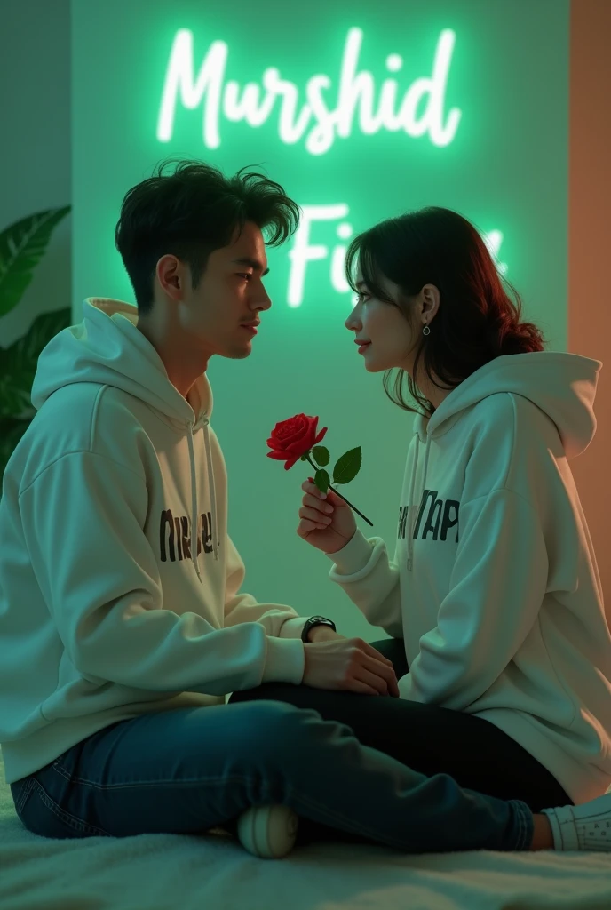Realistic  2 cute Handsome 28 year guy  White Hoodie with 30 year beautiful women in a White Hoodie, the girl has a red rose flower in her hand and is sitting on down floor, with romantic mode, no smile, written "Murshid" in the boy hoodie and "Fiza" in girl's hoodie, and Murshid love Fiza is written on the green light glow wall text behind. 8k quality 